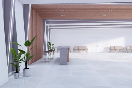 Spacious office lobby with wooden accents and seating area. Minimalist design. 3D Renderingの写真素材