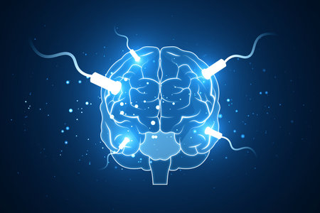 Digital brain concept with glowing connections on dark blue background. Technology innovation. 3D...