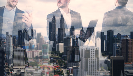 Three headless successful European men silhouettes with devices standing on abstract night city background with illumination. Success, team, communication, future concept. Double exposureの写真素材