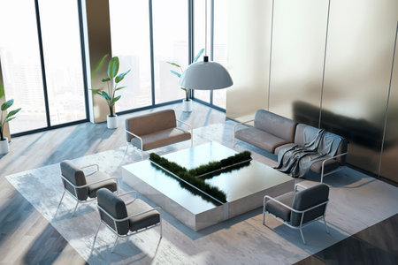 Clean waiting area in office. Spacious interior with furniture, panoramic window with city view,...