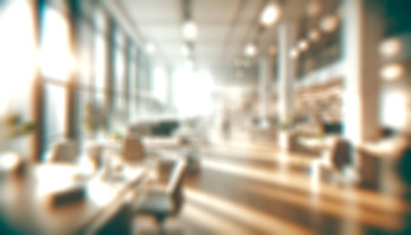 Defocused office interior with intense sunlight, warm glow, and reflective surfaces. Generative AIの素材