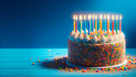 Festive birthday cake adorned with sprinkles and lit candles on a blue wooden background. Generative AIの素材