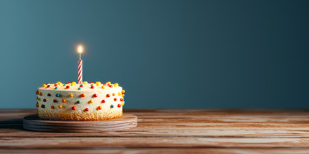 Simple birthday cake with sprinkles and one lit candle on wooden backdrop. Generative AIの素材