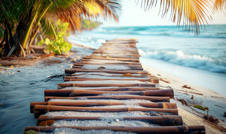 Wooden pathway on a sandy beach leading to turquoise waters. Tropical serenity concept. Generative AIの素材