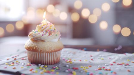 Softly lit birthday cupcake with sprinkles and a single candle, warm bokeh background. Cozy celebration concept. Generative AIの素材