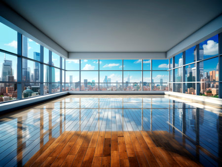 Empty office space with wooden floors and panoramic view of the city skyline. Real estate concept. Generative AIの素材