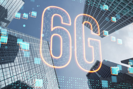Abstract neon 6G network symbol glowing over modern cityscape, representing the next-generation of high-speed internet connectivityの写真素材