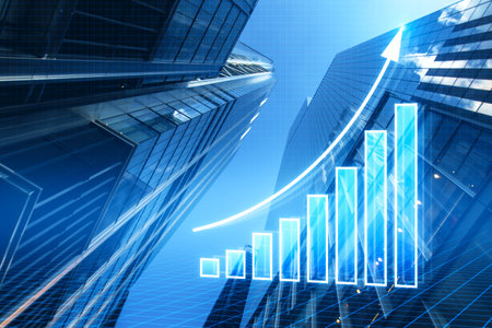 Abstract growing blue business chart with arrows on blurry toned city backdrop. Future growth plan...
