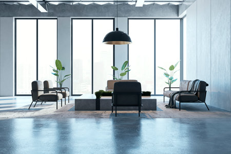 Light waiting area in office. Spacious interior with furniture, panoramic window with city view,...