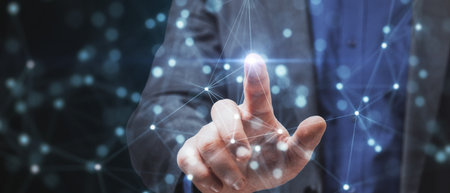 Corporate professional pressing a glowing virtual button on futuristic digital interface, depicting...