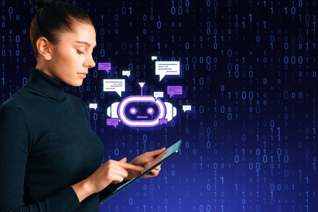 Attractive young European businesswoman using tablet with creative bot hologram on blue binary...