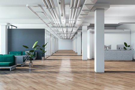 Modern spacious office interior with reception desk and furniture, wooden flooring. 3D Rendering
