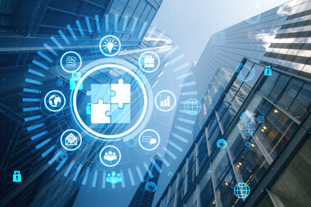 Creative round data management hologram with jigsaw puzzle on blurry city background. Data, business...