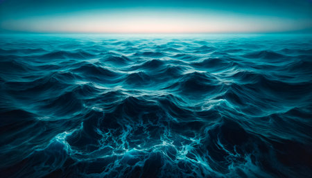 A digital illustration of turbulent ocean waves under a dusk sky, with a concept of nature's power. Generative AIの素材