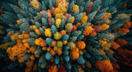 Aerial view of a vibrant forest with a mix of autumn colored trees, photography style on a natural background, concept of seasons. Generative AIの素材