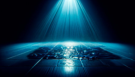 A spotlight illuminates water droplets on dark tiles, with a futuristic look on a black background, showcasing the concept of illumination. Generative AIの素材