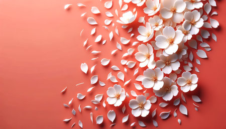 Scattered cherry blossom petals on vibrant coral backdrop. Ephemeral beauty concept. Generative AIの素材