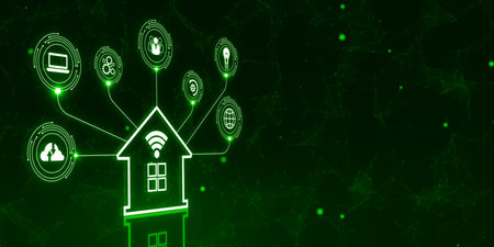 Creative smart house hologram on green background with mock up place. Artificial intelligence and virtual assistant concept. 3D Renderingの写真素材
