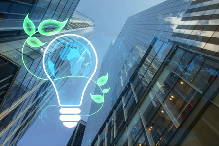 Creative eco lightbulb on blurry city background. Environmental protection, renewable, sustainable...