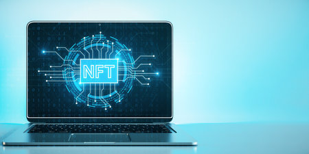 Close up of laptop on desk with creative glowing nft circuit hologram on blurry background with mock...