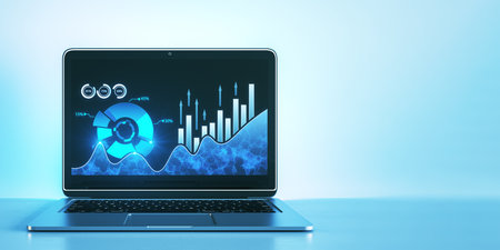 Close up of laptop with creative digital business pie chart on light background with mock up place. Glowing stock market analysis and big business data analysis. 3D Renderingの写真素材