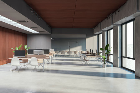 Modern coworking office interior with furniture, windows and equipment. Workplace concept. 3D Renderingの写真素材