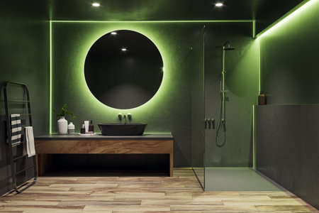 Chic bathroom interior with ambient lighting and round mirror. Modern luxury design. 3D Renderingの写真素材