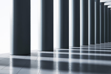 Modern interior with pillars casting shadows on a clean, tiled floor, showing a simplistic yet...