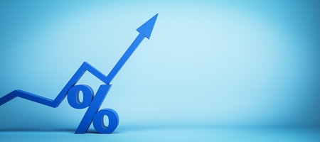 Increasing percentage icon on wide concrete background with mock up place. Blue arrow and percent sign. 3D Renderingの写真素材