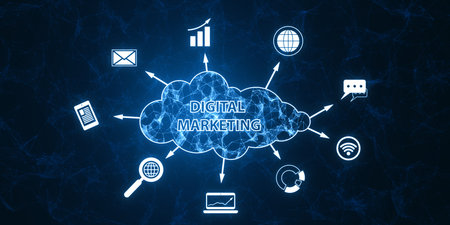 Creative blue polygonal cloud digital marketing hologram with icons on blurry background. Strategy and business concept. 3D Renderingの写真素材