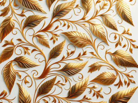 Ornate golden leaves with intricate detailing on a white canvas. Generative AIの素材