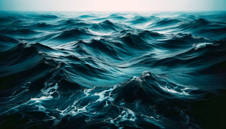 A dynamic and textured depiction of dark ocean waves on a serene background, embodying the concept of nature's power. Generative AIの素材
