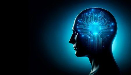 Silhouette of a human head with a circuit board pattern illuminating from within on a dark blue background, concept of artificial intelligence. Generative AIの素材