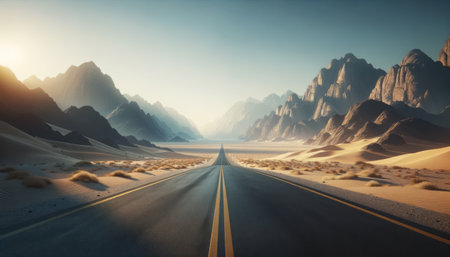 A straight road leading through a vast desert with sand dunes and rugged mountains under a clear sky, symbolizing adventure or journey. Generative AIの素材