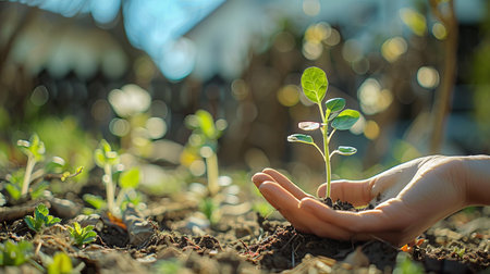 A close-up of a young plant in soil being cradled by a human hand, against a blurry natural background, depicting the concept of growth and care. Generative AIの素材