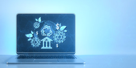 Close up of laptop with creative esg hologram on polygonal blue background with mock up place....