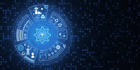Abstract round digital cogwheel and other icons hologram on blue background. Tech support and...