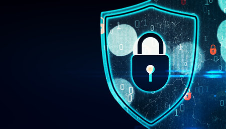 Abstract digital blue shield with padlock on dark background with mock up place. Safety and web...