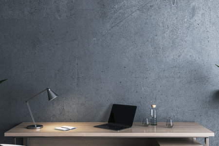 Luxury concrete and wooden home office interior with workplace and mock up place on wall. 3D Renderingの写真素材