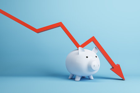 Falling red chart arrow with piggy bank on blue background. Economic recession, losing savings...