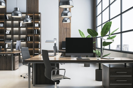 Light office with shelves or library interior with workplace, window and city view. 3D Rendering