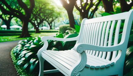 A serene park scene with a white bench, lush green foliage, and blurred background trees, conveying a concept of relaxation. Generative AIの素材