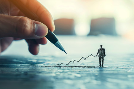 A hand drawing a metaphor for success on a paper with pen, a rising graph and a silhouetted person, set against a blurred background, depicting the concept of business growth. Generative AIの素材