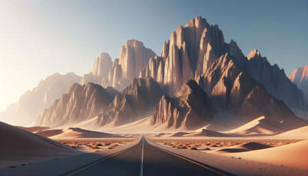 A road leading through a dramatic desert landscape with towering rock formations under a clear sky, embodying a journey concept. Generative AIの素材