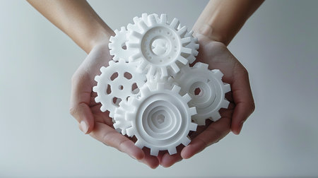 Hands holding white gears on a neutral background, symbolizing teamwork or mechanics concept, Generative AI. Generative AIの素材