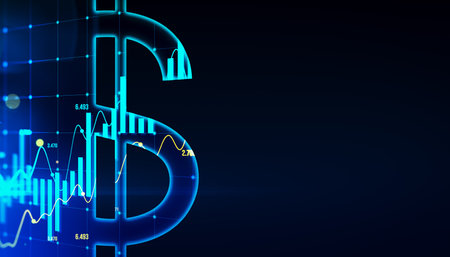 Creative tech dollar sign on dark backdrop with mock up place. Crypto, online banking, digital transformation and finance concept. 3D Renderingの写真素材