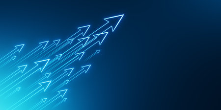 Abstract growing arrows on blue backdrop with mock up place. Success, progress and result concept. 3D Renderingの写真素材