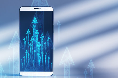Close up of smartphone with abstract growing arrows on concrete wall background with shadows and mock up place. Success, progress and result concept. 3D Renderingの写真素材
