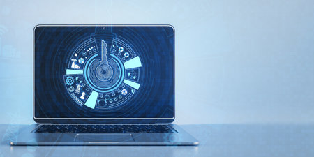 Close up of laptop with creative round digital key hologram on blue background with mock up place. Concept of cyber security or private key, abstract digital key with technology interface. 3D Renderingの写真素材