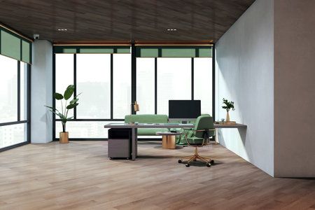 Luxury wooden and concrete home office interior with panoramic windows, workplace and couch. 3D...